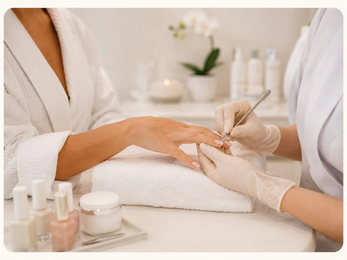 Dettaglio beauty reale: mani durante manicure/semipermanente o la laminazione ciglia.