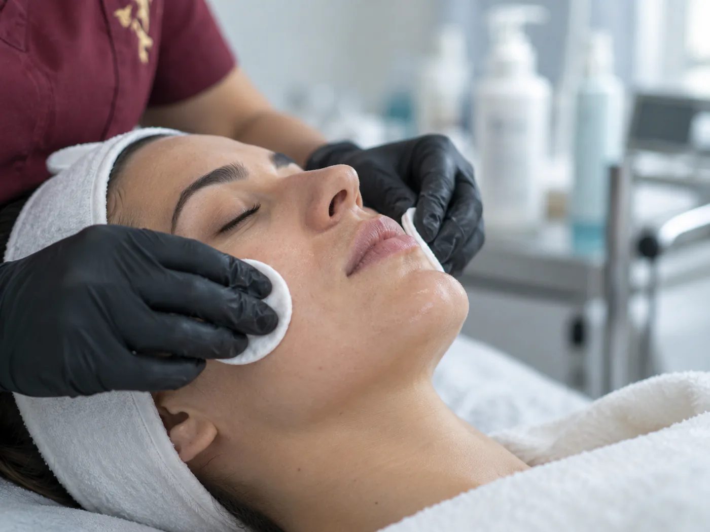 Trattamento viso reale in cabina: cliente con maschera/pulizia o un macchinario viso in azione.